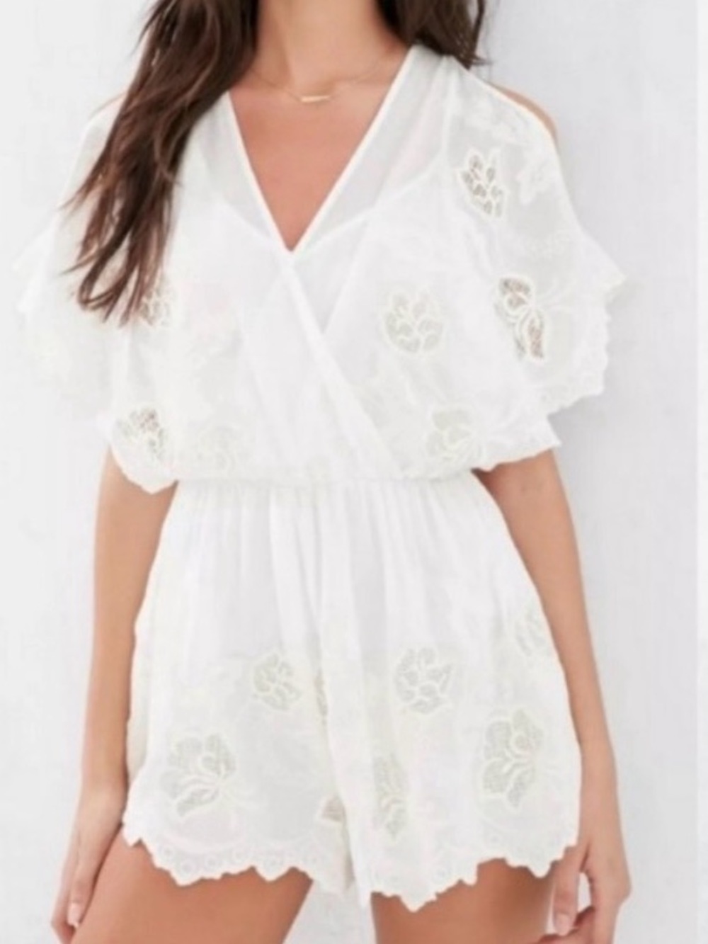 Astr the Label Alicia Cotton Silk Blend Romper Embroidered Lace Cold Shoulder M
